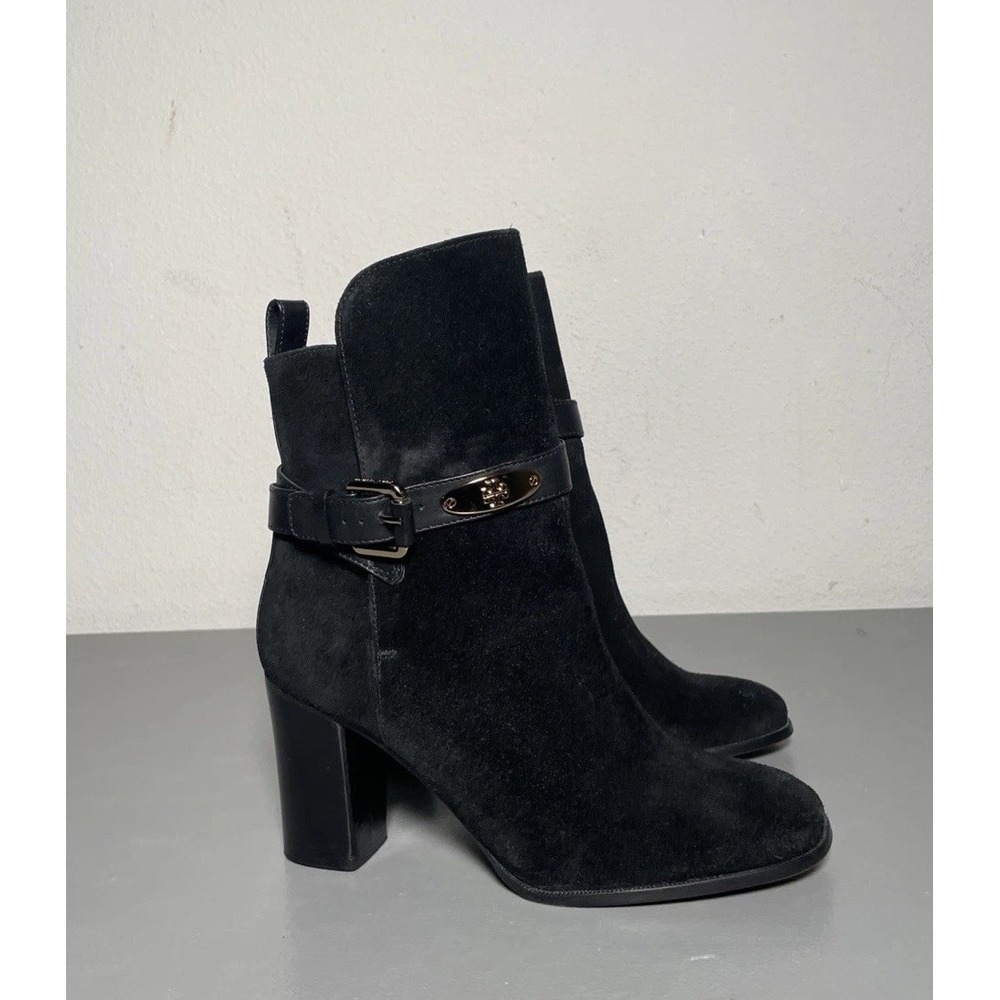 Tory Burch Black Suede Leather Logo Buckle Ankle Boots Size 7M